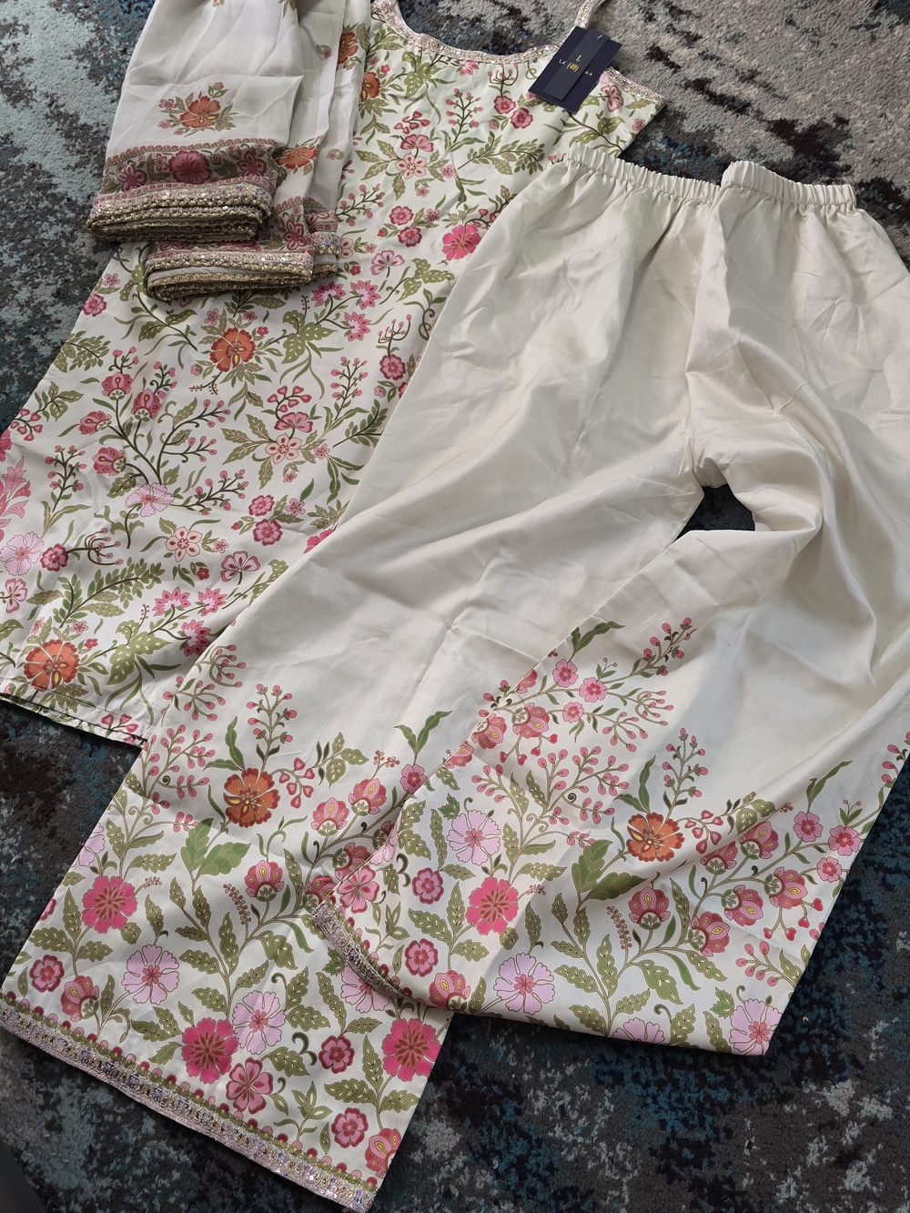 3 Pc Embellished Floral Punjabi Suit NEW with Gold Trim - Pink & Green